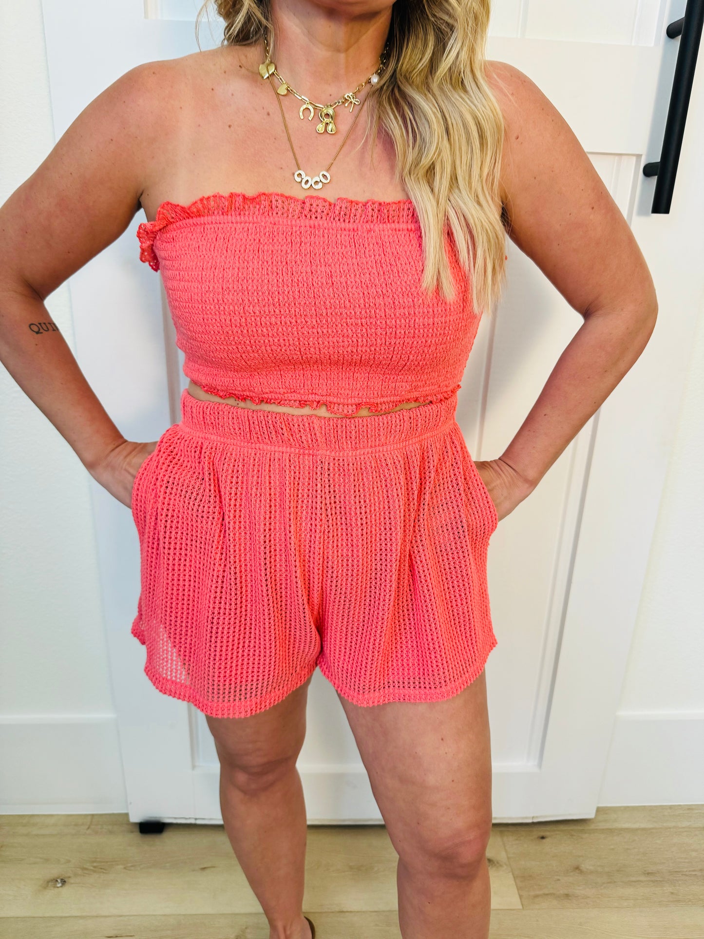 Smocked Strapless Top And Shorts Set