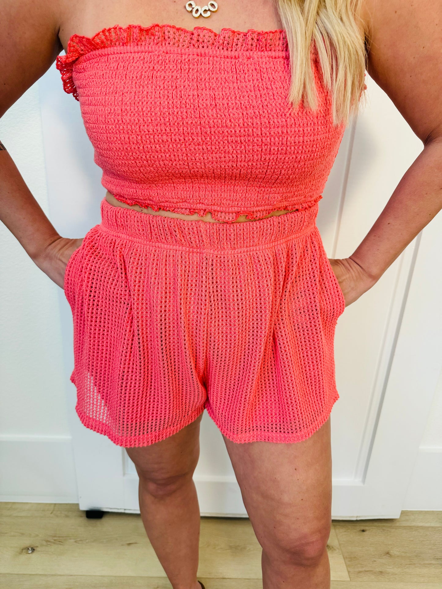 Smocked Strapless Top And Shorts Set